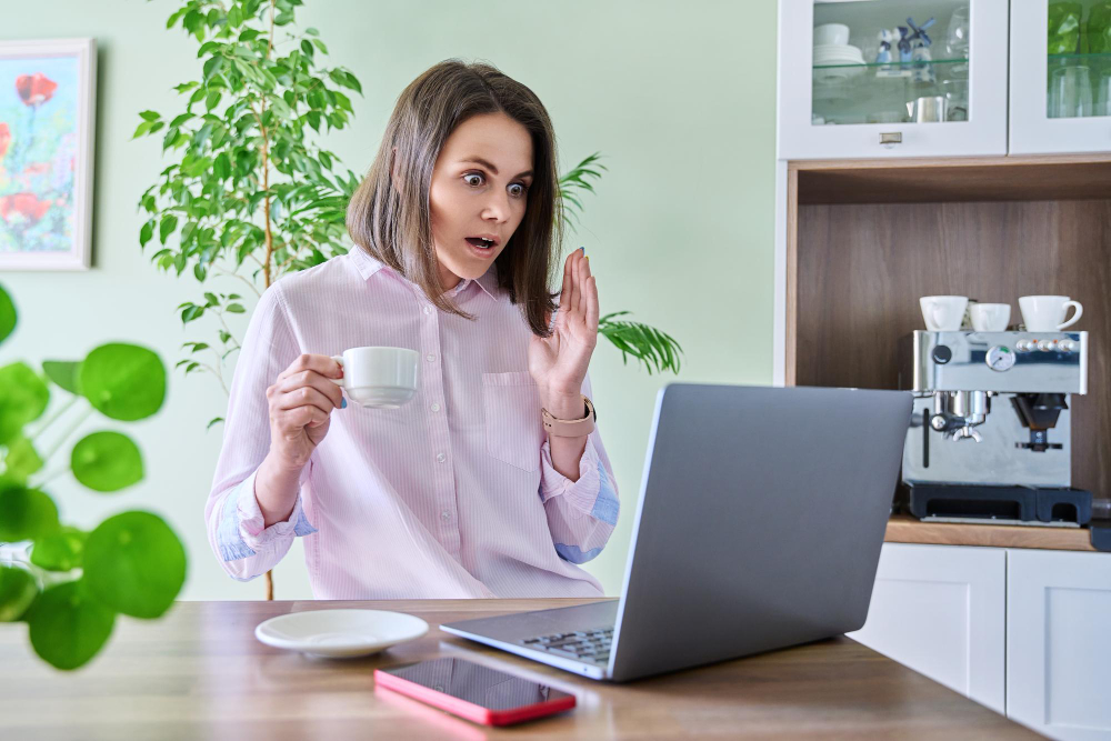 Woman at computer happily using digital service