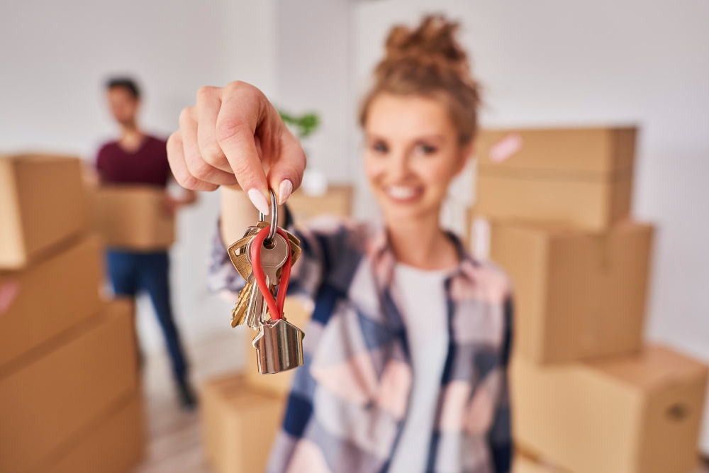 Woman holding keys for  her new rental flat.